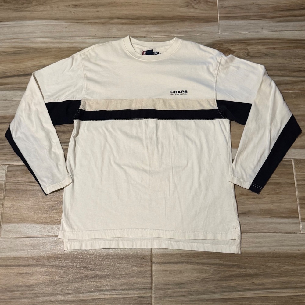 Vintage Chaps Ralph Lauren Long Sleeve T-Shirt Mens Medium Cream Navy Stripe